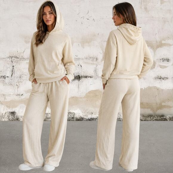 Oneleven Other - Oneleven Cream Ribbed Hoodie & Wide-Leg Lounge Pant Set Size Medium NWT